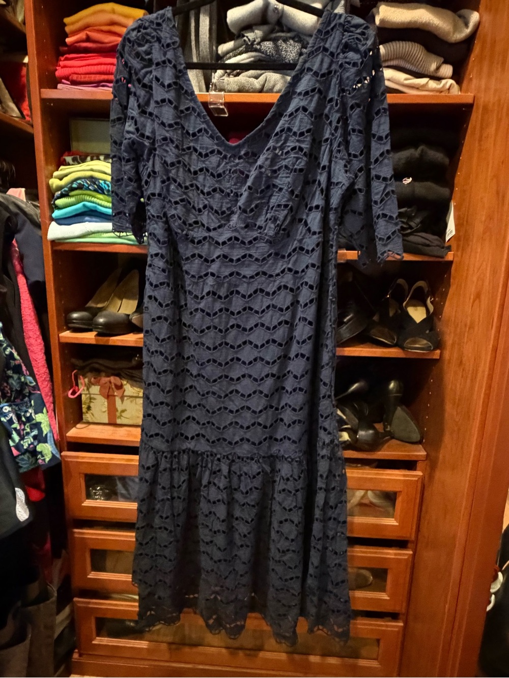 Gretchen Scott Designs Navy Eyelet Lace Midi Dress. Size: Goddess. NWT